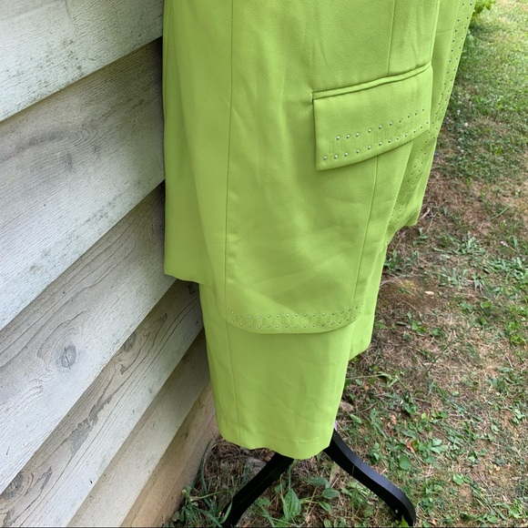 Vintage 80s Neon Lime Green Embellished Bejeweled 2 Piece Coordinated Skirt Set - Picture 14 of 16